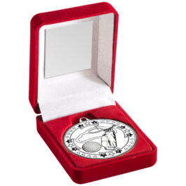 RED VELVET BOX AND 50mm MEDAL GOLF TROPHY SILVER – 3.5in