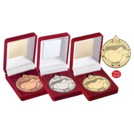 RED VELVET BOX AND 50mm MEDAL TABLE TENNIS TROPHY GOLD – 3.5in